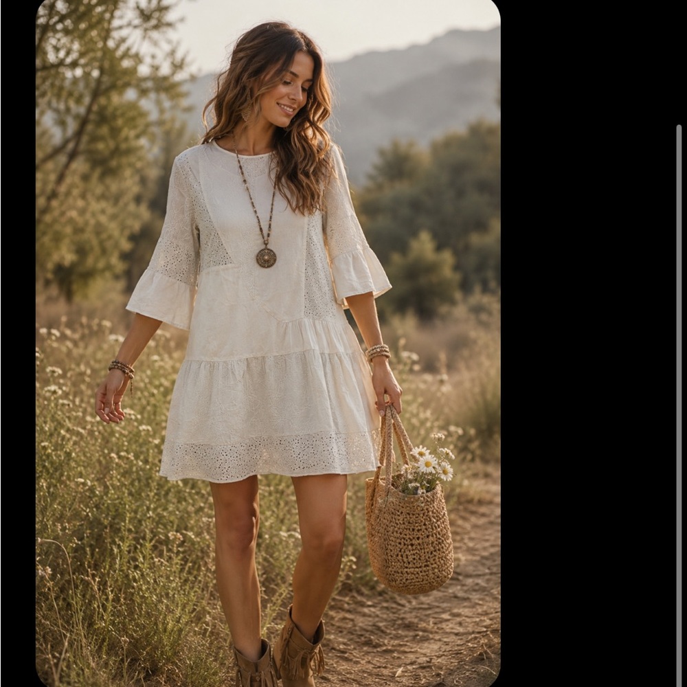 Anthropologie Amadi Blue Eyelet Tiered Boho Dress - Women's Summer Dress M